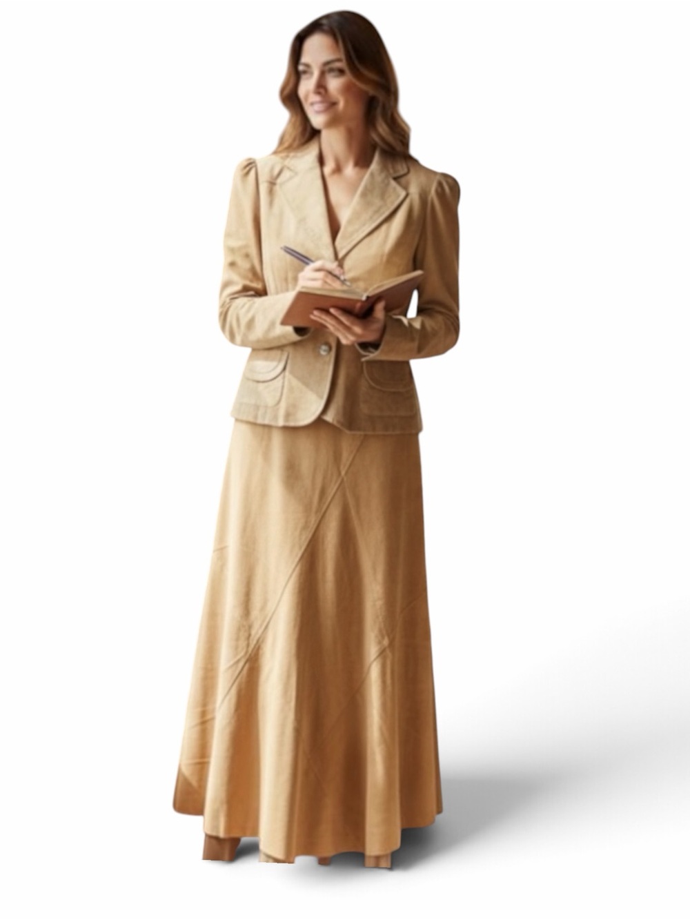 Y2K Genuine Suede/Leather Blazer Maxi Boho Skirt Set Chic Western Size 14